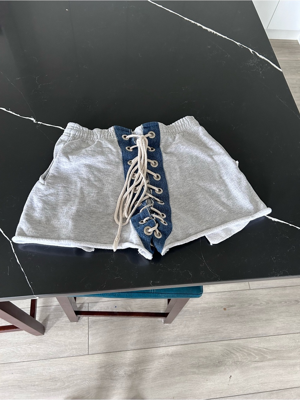 Samaria Leah Nicki Gray Sweat Shorts Blue Denim Lace Up Jogger Statement Edgy